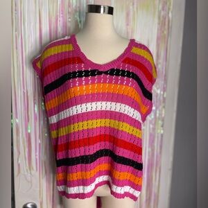 Striped Pink Knit Short Sleeve Top With Open back Size L/XL
